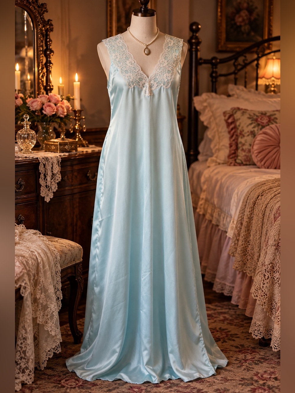 Vintage French Maid pastel blue lace neckline nightgown